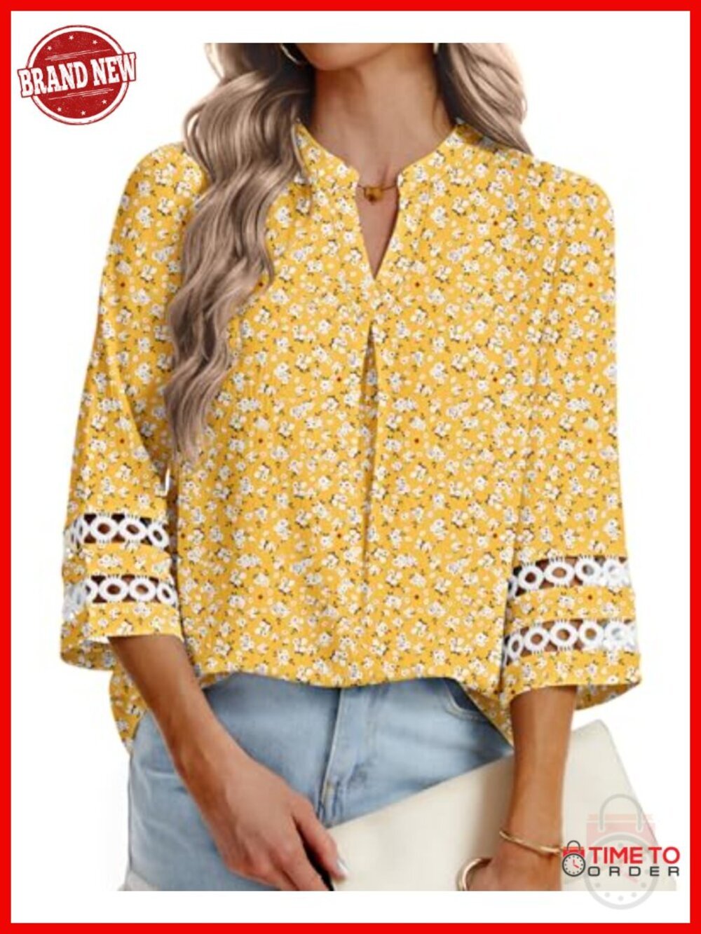3/4 Sleeve Blouse V Neck Pleated Lightweight Dressy Work Shirt